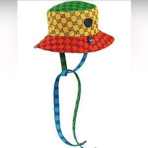 Gucci GG Monogram Straps Bucket Hat Multi-Color Reversible w Leather Logo Patch